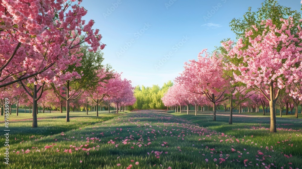 Naklejka premium Cherry blossom trees blooming under a clear blue sky
