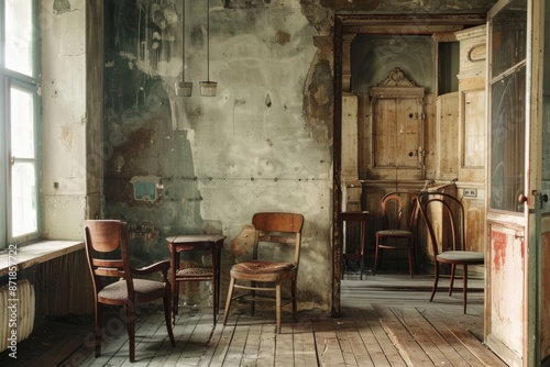 Interior of an abandoned house with old chairs and broken windows.