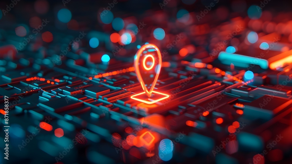 Glowing Digital Map Pin in Futuristic Urban Landscape Glowing Digital Map Pin in Futuristic Urban Landscape