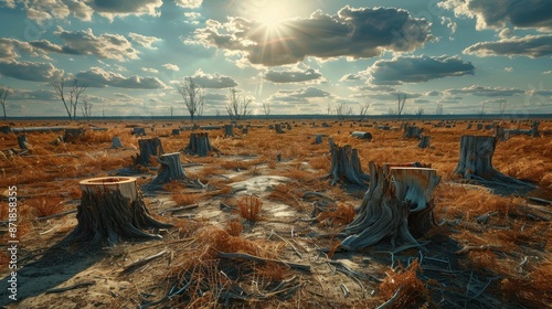 A field of dead trees with the sun shining through the clouds photo