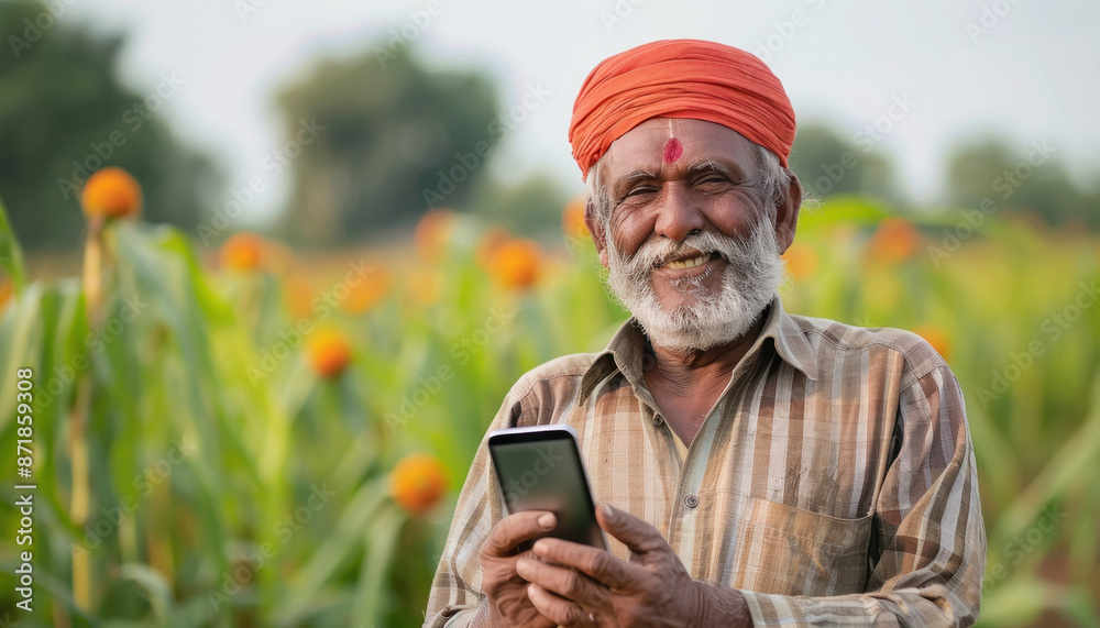 happy indian farmer holding smartphone at field happy indian farmer holding smartphone at field