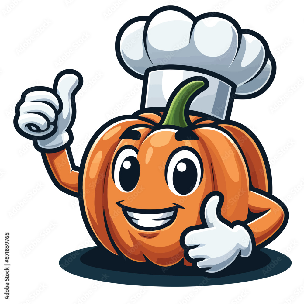 Naklejka premium pumpkin mascot character in chef costume giving thumbs up