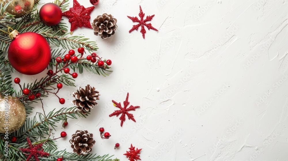 Holiday decorations on white table with copy space high quality image Holiday decorations on white table with copy space high quality image