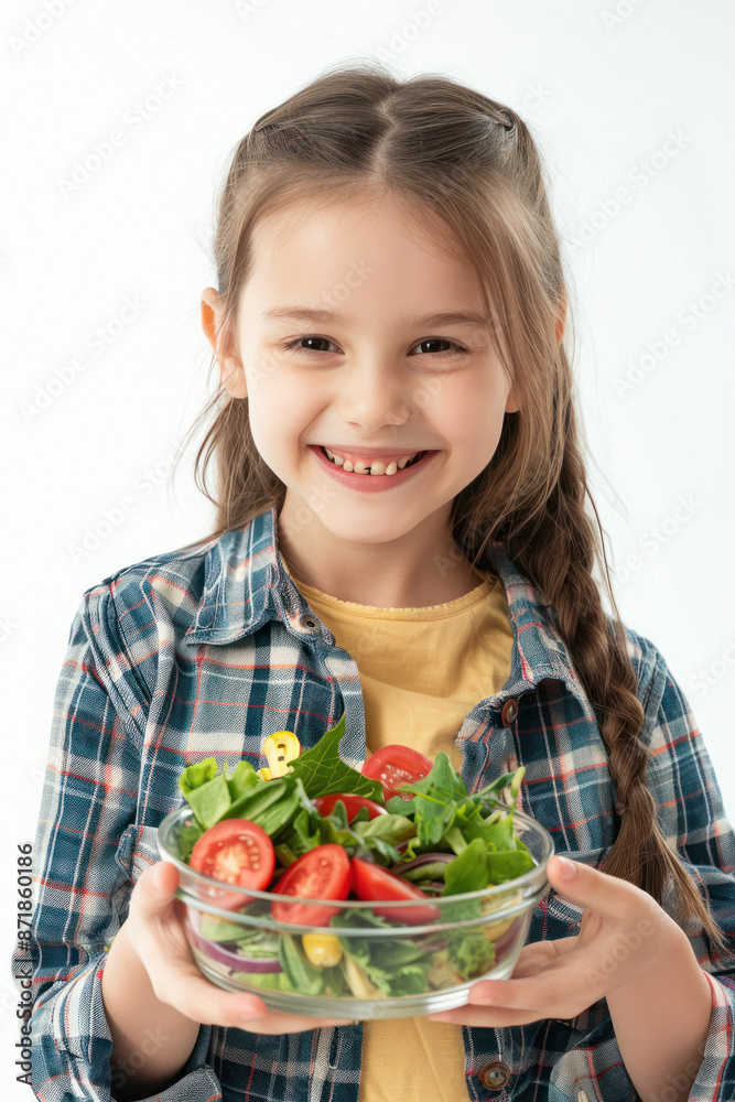 cute little girl holding salad bowl on white background cute little girl holding salad bowl on white background