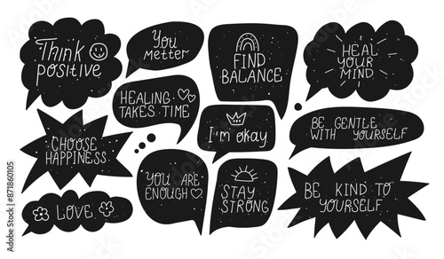 Mental health short phrase speech bubble. Doodle slogan. Self care and love hand drawn elements.
