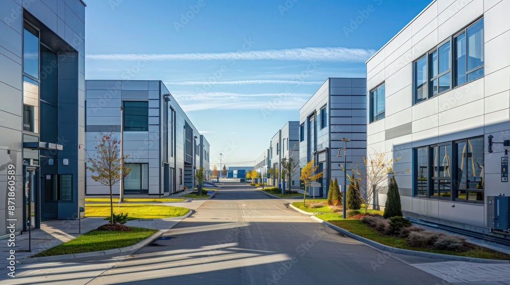Fototapeta premium panoramic view of a modern industrial complex, where each building showcases a different application of aluminum siding