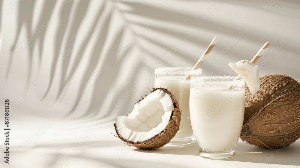 Alcohol free tropical drink with coconut milk served in glasses with straw on white background Alcohol free tropical drink with coconut milk served in glasses with straw on white background