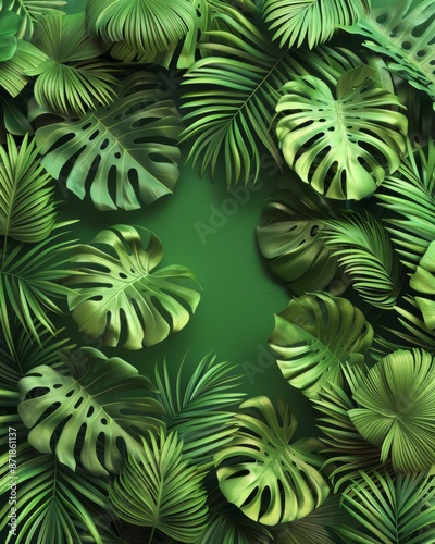 Tropical Paradise - Top View 3D Illustration of Lush Palm and Monstera Leaves on Vibrant Green Background