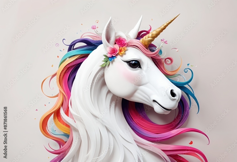 3d mythical unicorn in paper style white horse with a ribbon 3d mythical unicorn in paper style white horse with a ribbon