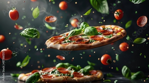 A Pepperoni pizza with its ingredients floating in the air. explosion of pizza with fresh basil leaves. creative advertising banner for pizza delivery photo