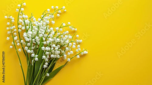 Offer a bunch of elegant lily of the valley blooms Hold flowers with a yellow background top view empty space photo