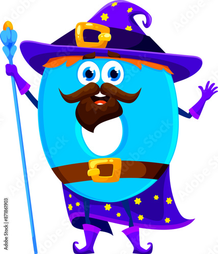 Cartoon halloween math number zero wizard and mage character. Kids education number cute wizard personage, sorcerer or mathematics 6 symbol warlock isolated vector funny mascot with magic scepter