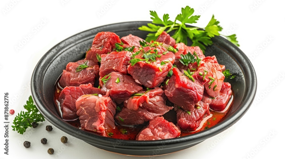 Raw beef stew with meat pieces isolated on white background Raw beef stew with meat pieces isolated on white background