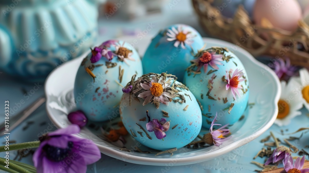 Easter eggs adorned in a festive manner using tea infused natural blue dye Easter eggs adorned in a festive manner using tea infused natural blue dye