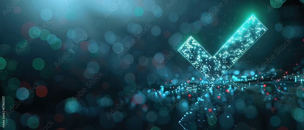 © WrongWay - Futuristic approval checkmark hologram in a digital business world, business banner concept with space for copy text or product