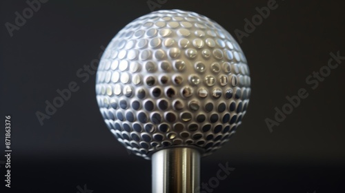 The contrast between the shiny metallic mallet head and the bright white polo ball creates a visually striking image symbolizing the highend and prestigious world of polo.