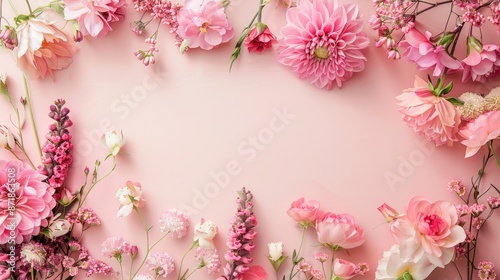 Pink flowers arrangement on pale pink backdrop with various occasions in top down view room for text © 2rogan