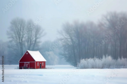 A red barn standing in a snowy field, with a soft background of snow-covered trees and landscape.  © grey