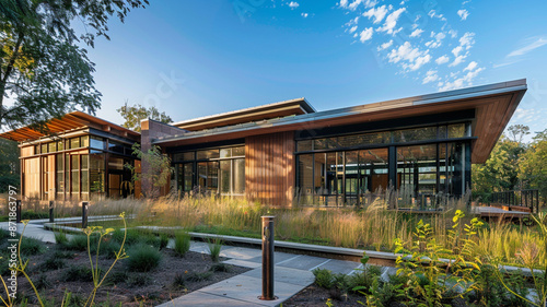 Highlight the serene exterior of a wildlife research lab with natural materials and eco-friendly design 