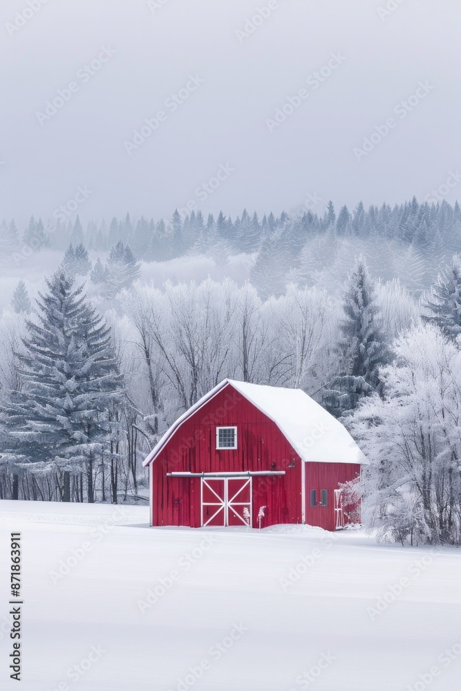 A red barn standing in a snowy field, with a soft background of snow-covered trees and landscape. 