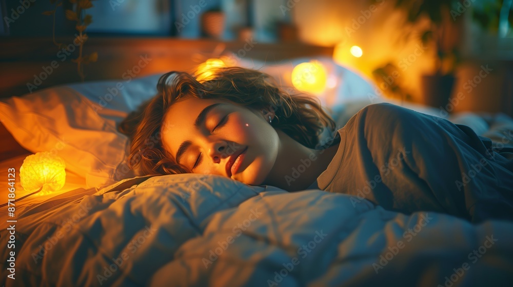 Obraz premium Woman Sleeping in Bed With Warm Lighting