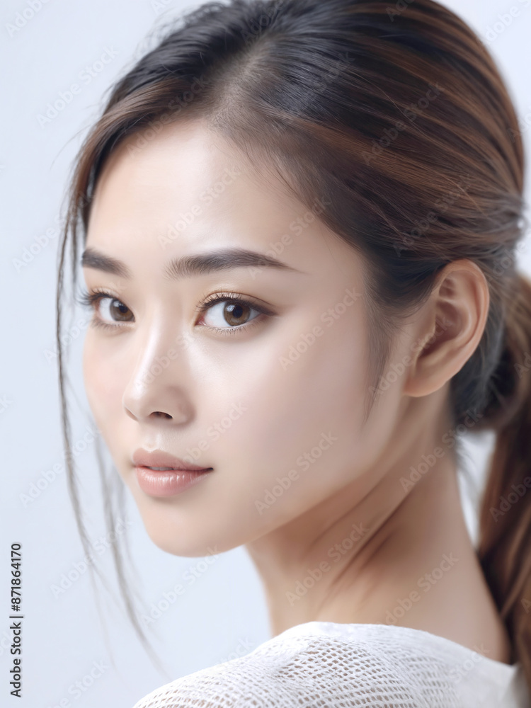 Fototapeta premium Asian Japanese girl beautiful eyes in white t-shirt with healthy skin super realistic white studio background.