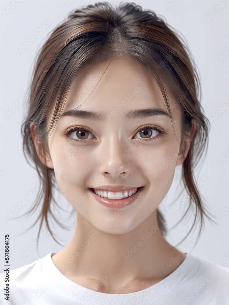 Asian Japanese girl beautiful eyes in white t-shirt with healthy skin super realistic white studio background. Asian Japanese girl beautiful eyes in white t-shirt with healthy skin super realistic white studio background.