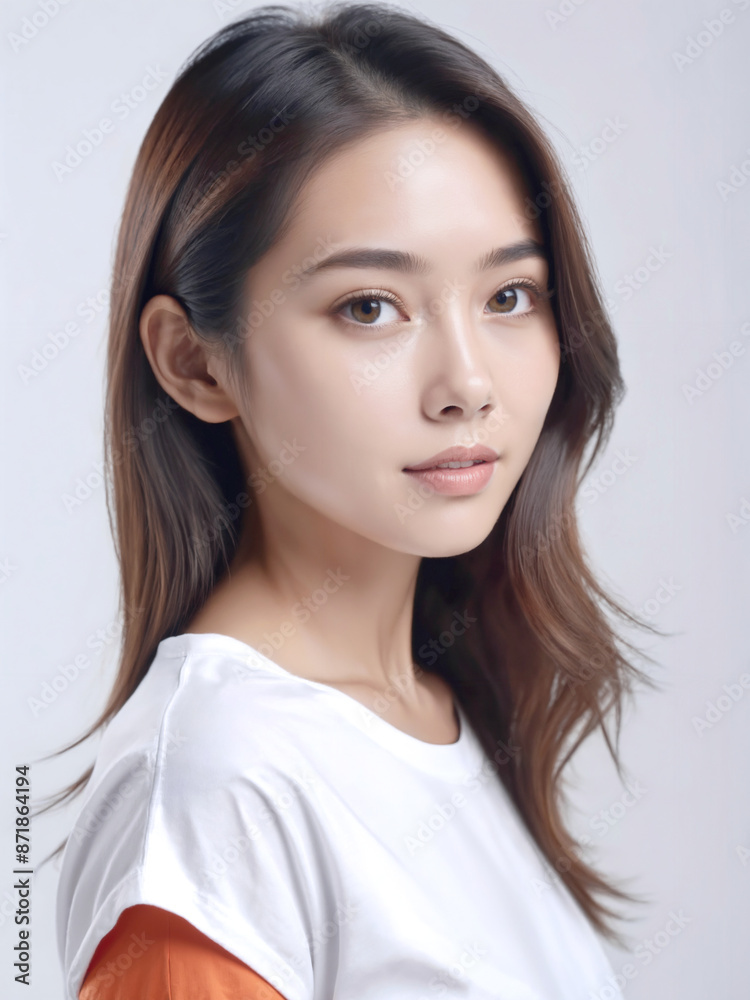 Asian Japanese girl beautiful eyes in white t-shirt with healthy skin super realistic white studio background. Asian Japanese girl beautiful eyes in white t-shirt with healthy skin super realistic white studio background.