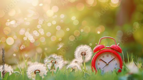 Summer Time Concept, Red Alarm Clock and Dandelion Flower Banner, Seasonal Symbolism, Website Banner with Red Alarm Clock and Dandelion, Summer Reminder, Conceptual Banner Featuring Alarm Clock  photo