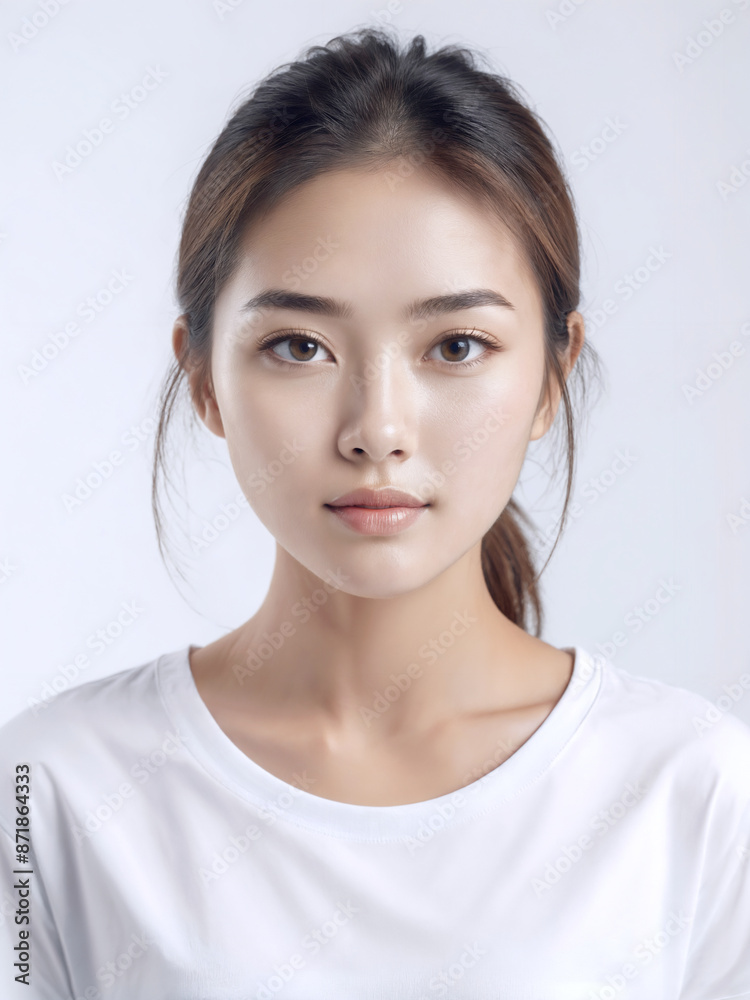 Asian Japanese girl beautiful eyes in white t-shirt with healthy skin super realistic white studio background. Asian Japanese girl beautiful eyes in white t-shirt with healthy skin super realistic white studio background.