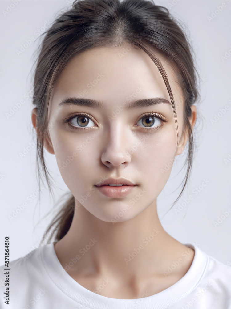 Asian Japanese girl beautiful eyes in white t-shirt with healthy skin super realistic white studio background. Asian Japanese girl beautiful eyes in white t-shirt with healthy skin super realistic white studio background.