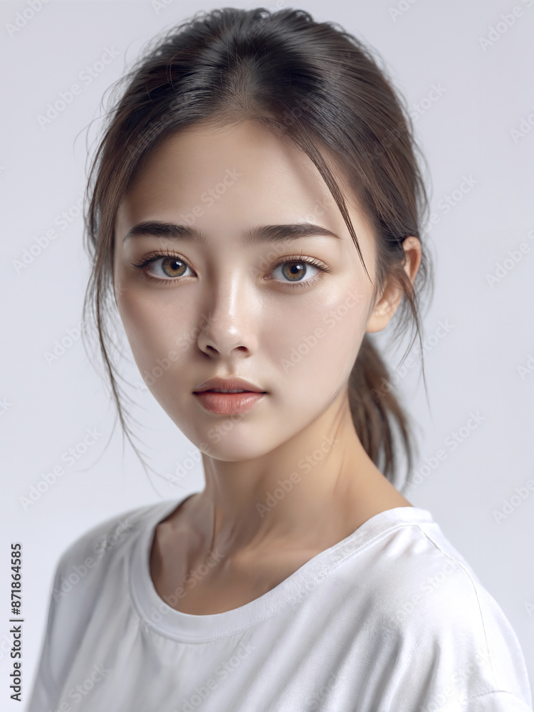 Asian Japanese girl beautiful eyes in white t-shirt with healthy skin super realistic white studio background. Asian Japanese girl beautiful eyes in white t-shirt with healthy skin super realistic white studio background.