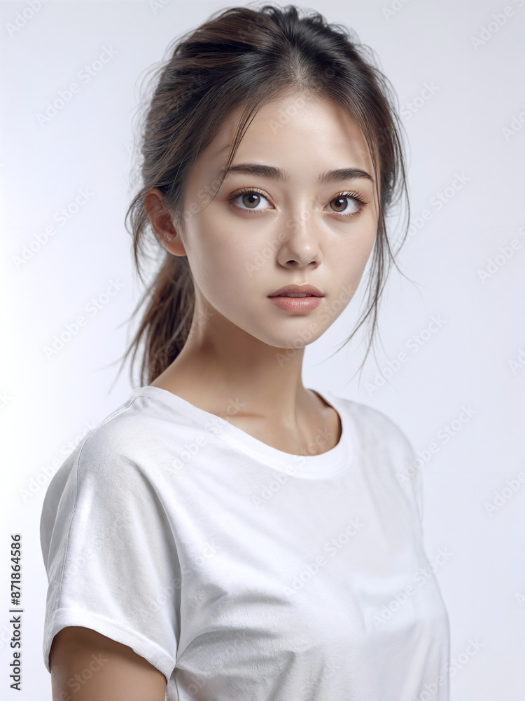 Asian Japanese girl beautiful eyes in white t-shirt with healthy skin super realistic white studio background. Asian Japanese girl beautiful eyes in white t-shirt with healthy skin super realistic white studio background.