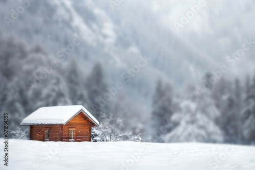 A small cabin covered in snow, with a softly blurred background of snowy trees and mountains. © grey