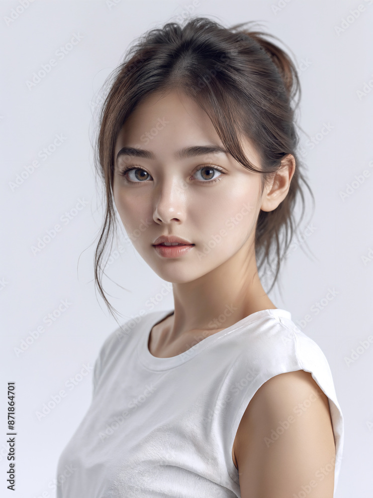 Asian Japanese girl beautiful eyes in white t-shirt with healthy skin super realistic white studio background. Asian Japanese girl beautiful eyes in white t-shirt with healthy skin super realistic white studio background.