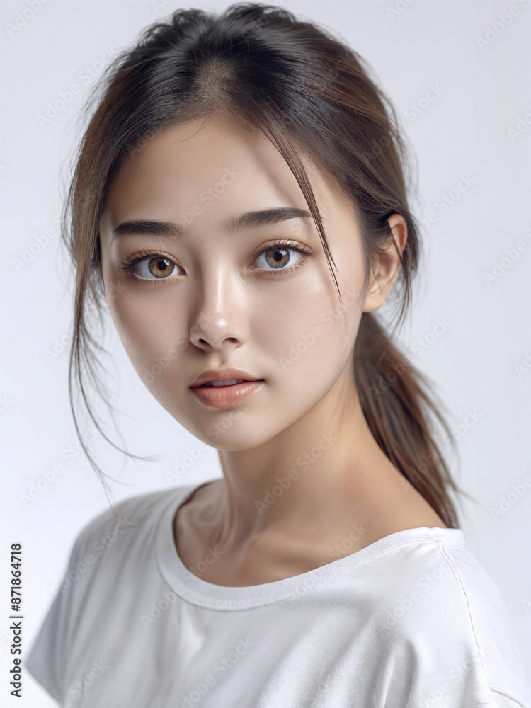 Asian Japanese girl beautiful eyes in white t-shirt with healthy skin super realistic white studio background. Asian Japanese girl beautiful eyes in white t-shirt with healthy skin super realistic white studio background.