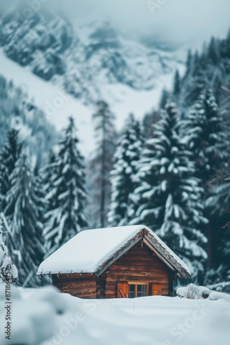 Wallpaper Mural A small cabin covered in snow, with a softly blurred background of snowy trees and mountains. Torontodigital.ca