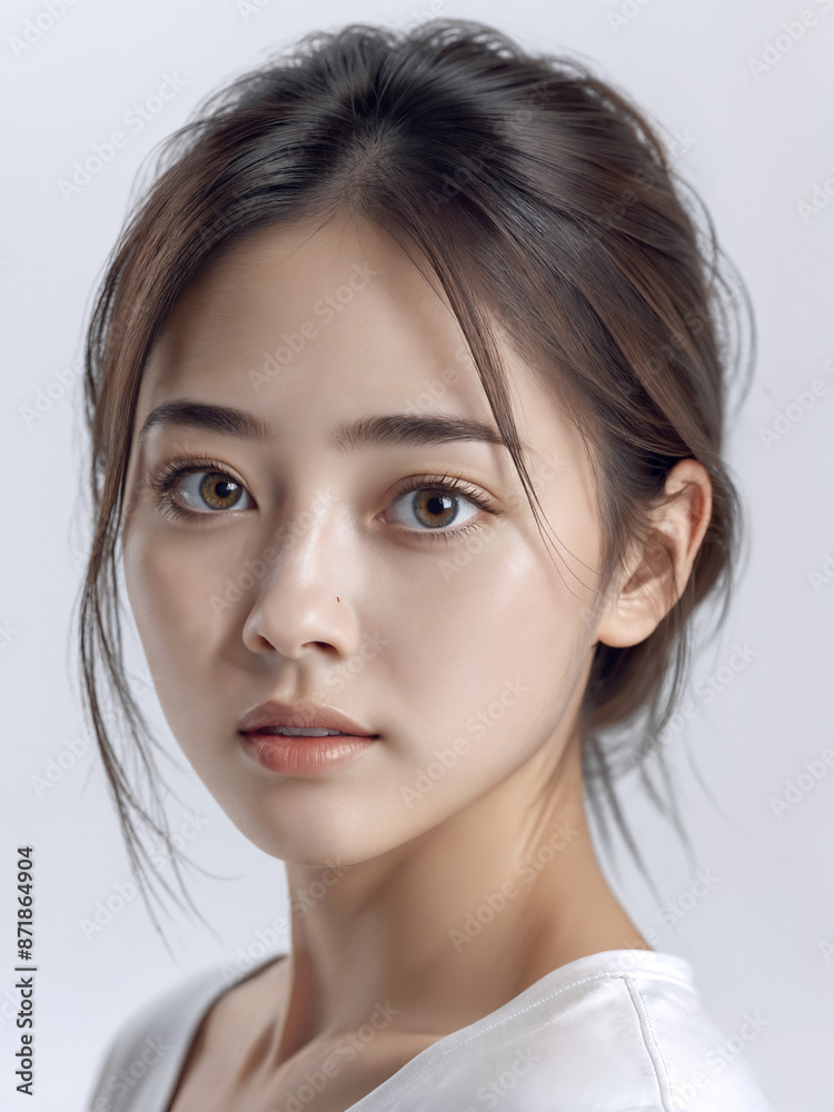 Asian Japanese girl beautiful eyes in white t-shirt with healthy skin super realistic white studio background. Asian Japanese girl beautiful eyes in white t-shirt with healthy skin super realistic white studio background.