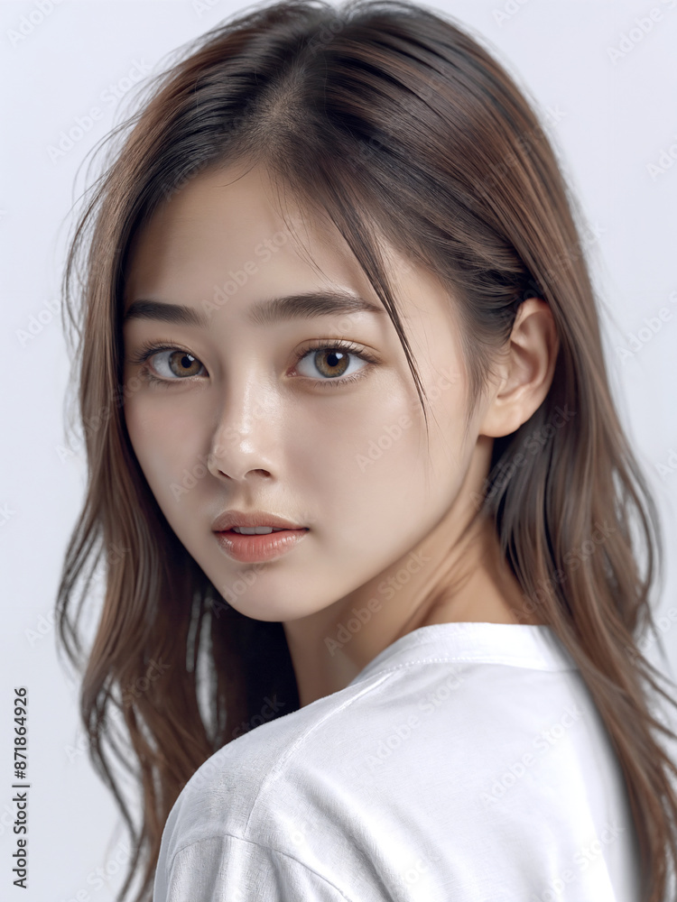 Asian Japanese girl beautiful eyes in white t-shirt with healthy skin super realistic white studio background. Asian Japanese girl beautiful eyes in white t-shirt with healthy skin super realistic white studio background.
