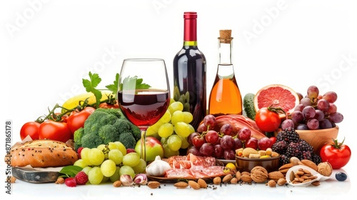 Red wine with assorted foods on white background