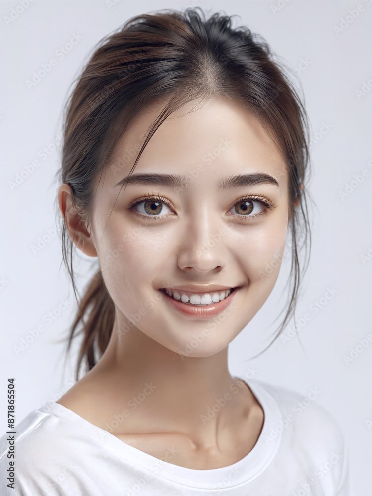 Asian Japanese girl beautiful eyes in white t-shirt with healthy skin super realistic white studio background. Asian Japanese girl beautiful eyes in white t-shirt with healthy skin super realistic white studio background.