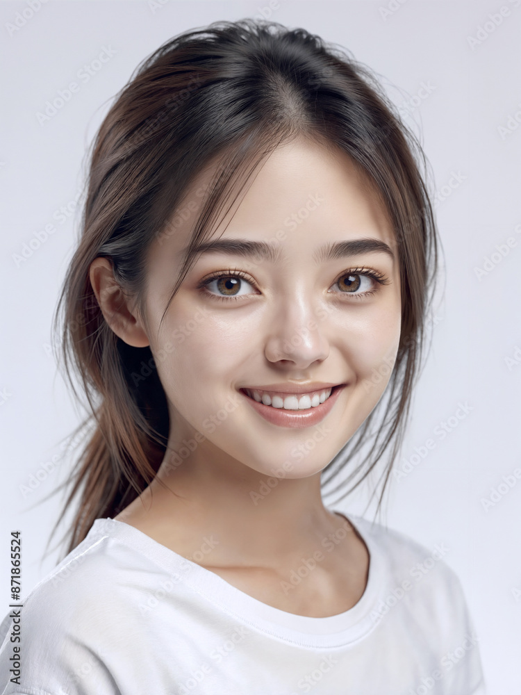 Asian Japanese girl beautiful eyes in white t-shirt with healthy skin super realistic white studio background. Asian Japanese girl beautiful eyes in white t-shirt with healthy skin super realistic white studio background.