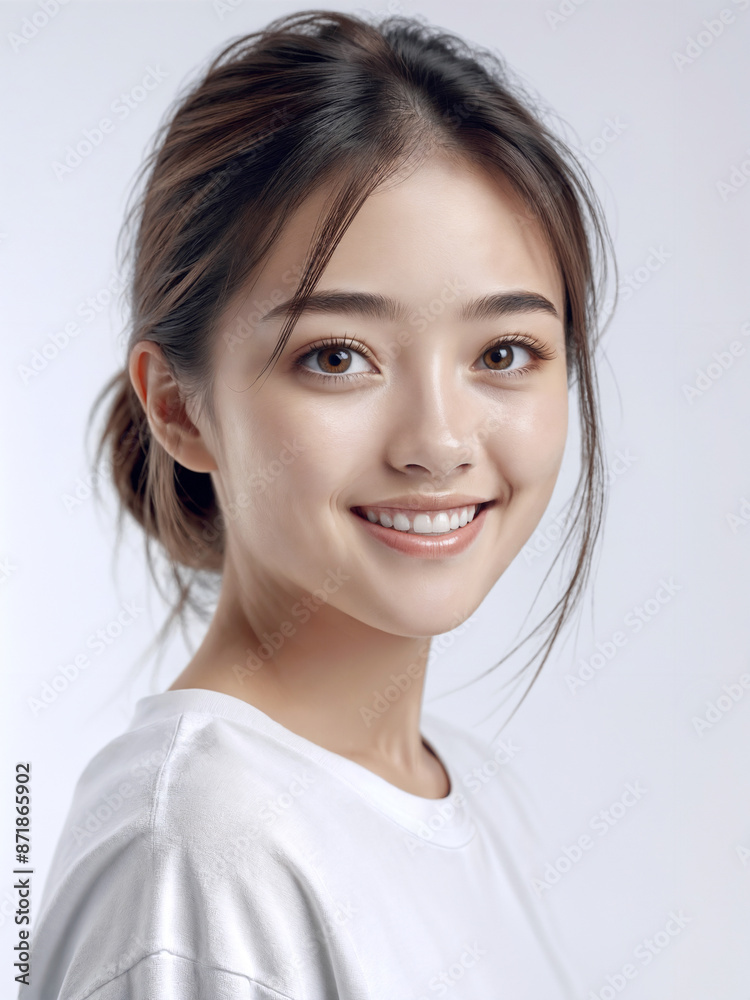 Asian Japanese girl beautiful eyes in white t-shirt with healthy skin super realistic white studio background. Asian Japanese girl beautiful eyes in white t-shirt with healthy skin super realistic white studio background.