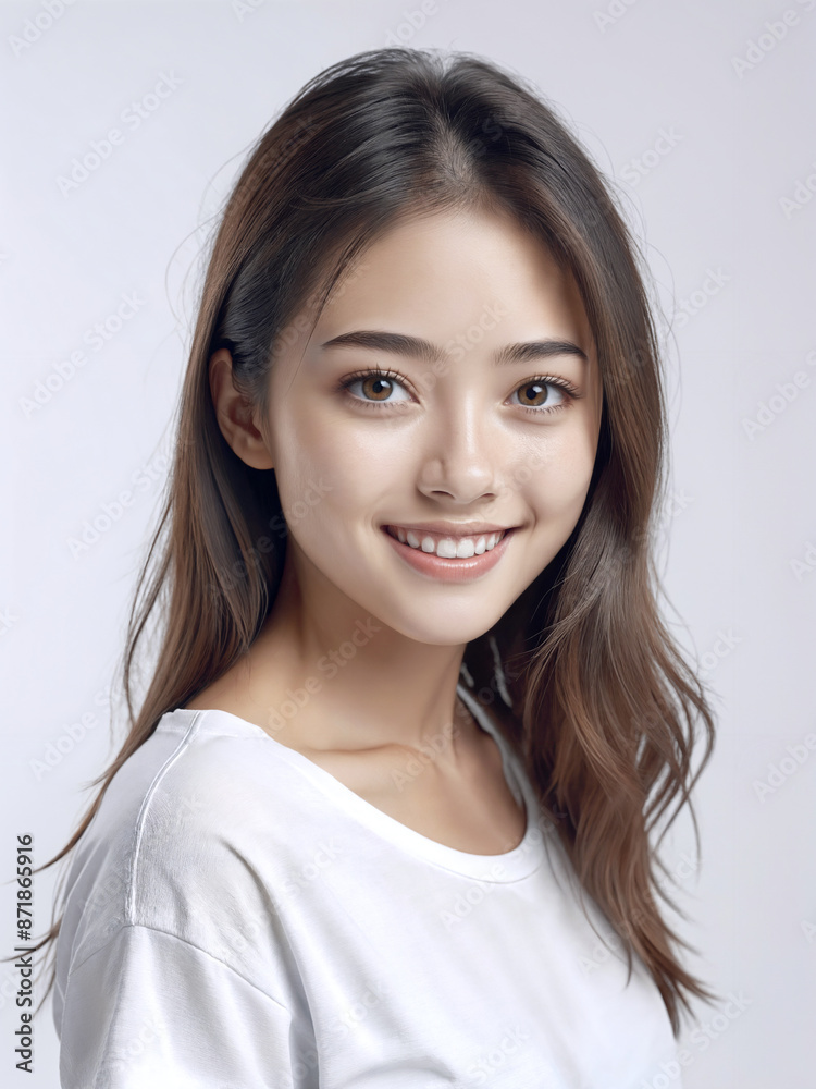 Asian Japanese girl beautiful eyes in white t-shirt with healthy skin super realistic white studio background. Asian Japanese girl beautiful eyes in white t-shirt with healthy skin super realistic white studio background.