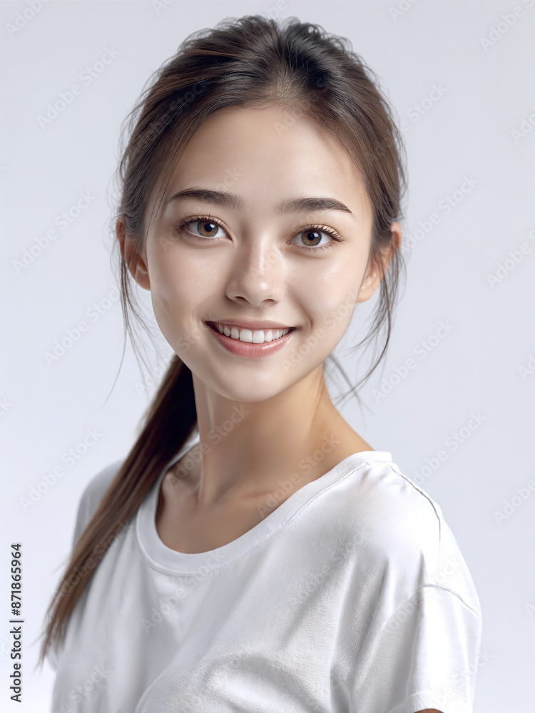 Asian Japanese girl beautiful eyes in white t-shirt with healthy skin super realistic white studio background. Asian Japanese girl beautiful eyes in white t-shirt with healthy skin super realistic white studio background.
