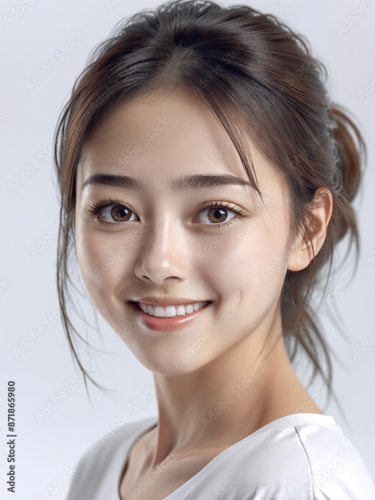 Asian Japanese girl beautiful eyes in white t-shirt with healthy skin super realistic white studio background. Asian Japanese girl beautiful eyes in white t-shirt with healthy skin super realistic white studio background.