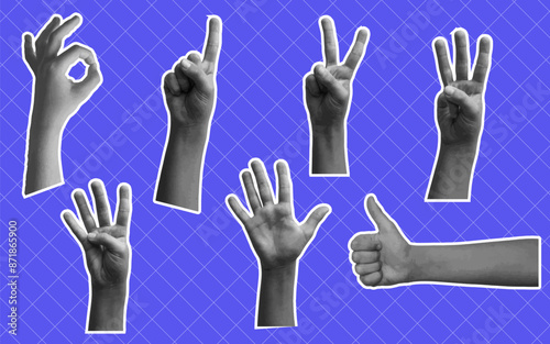 Hands counting on fingers. Grunge, halftone collage. set of different hands. Vector collage art