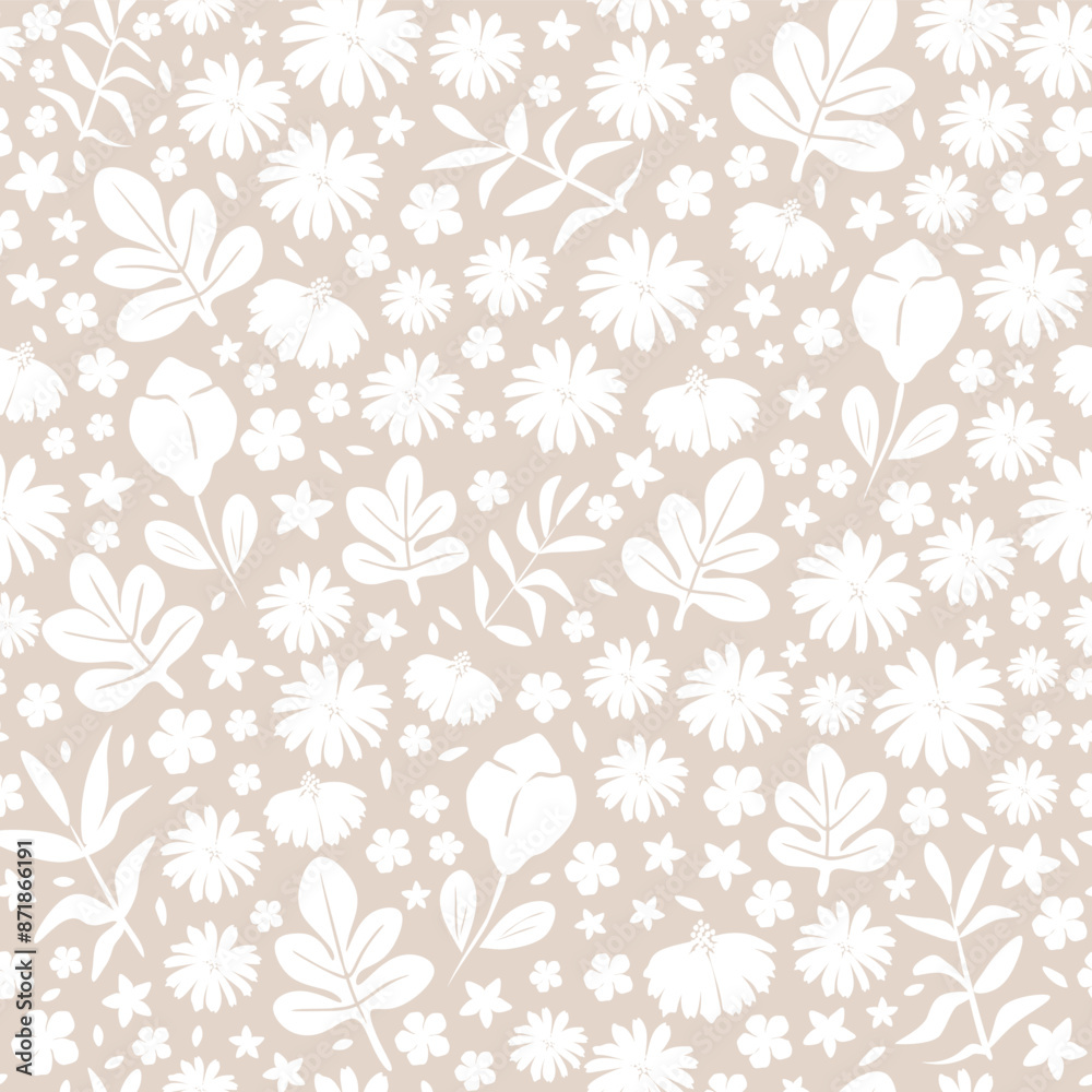 Vector illustration. Seamless pattern of white flowers on a beige background. Ditsy floral beige pattern, field of flowers, print for fabric, textile, wallpaper, baby clothes, wrapping paper Vector illustration. Seamless pattern of white flowers on a beige background. Ditsy floral beige pattern, field of flowers, print for fabric, textile, wallpaper, baby clothes, wrapping paper