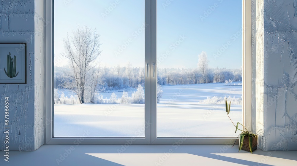 energy-efficient window overlooking a winter landscape, demonstrating no ice or frost buildup due to superior insulation energy-efficient window overlooking a winter landscape, demonstrating no ice or frost buildup due to superior insulation