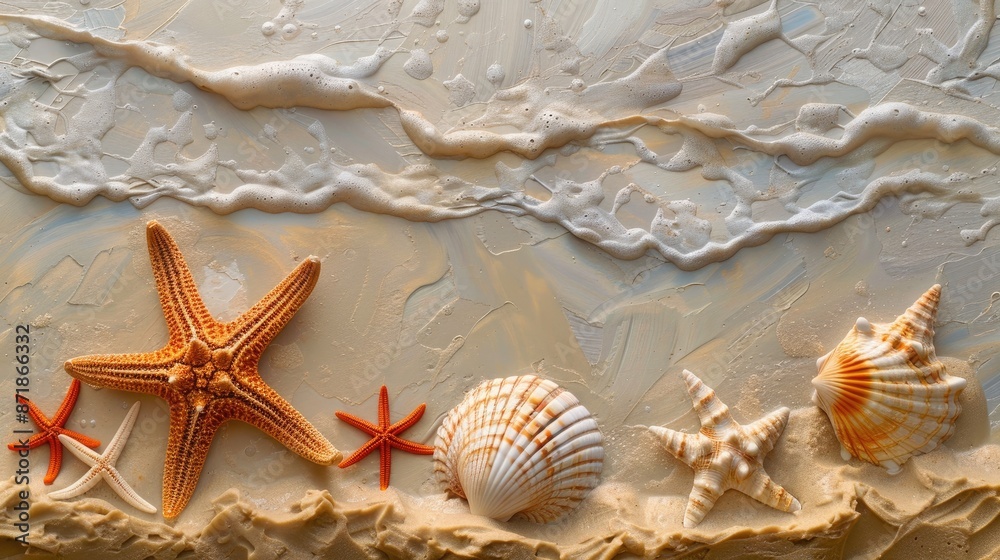 Seashells and Starfish on Sandy Beach Seashells and Starfish on Sandy Beach
